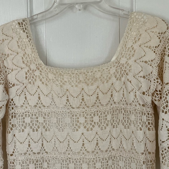 Bohemian Cream Lace Crochet Bell Sleeve Dress Womens S/M Cottagecore Romantic - Picture 6 of 12